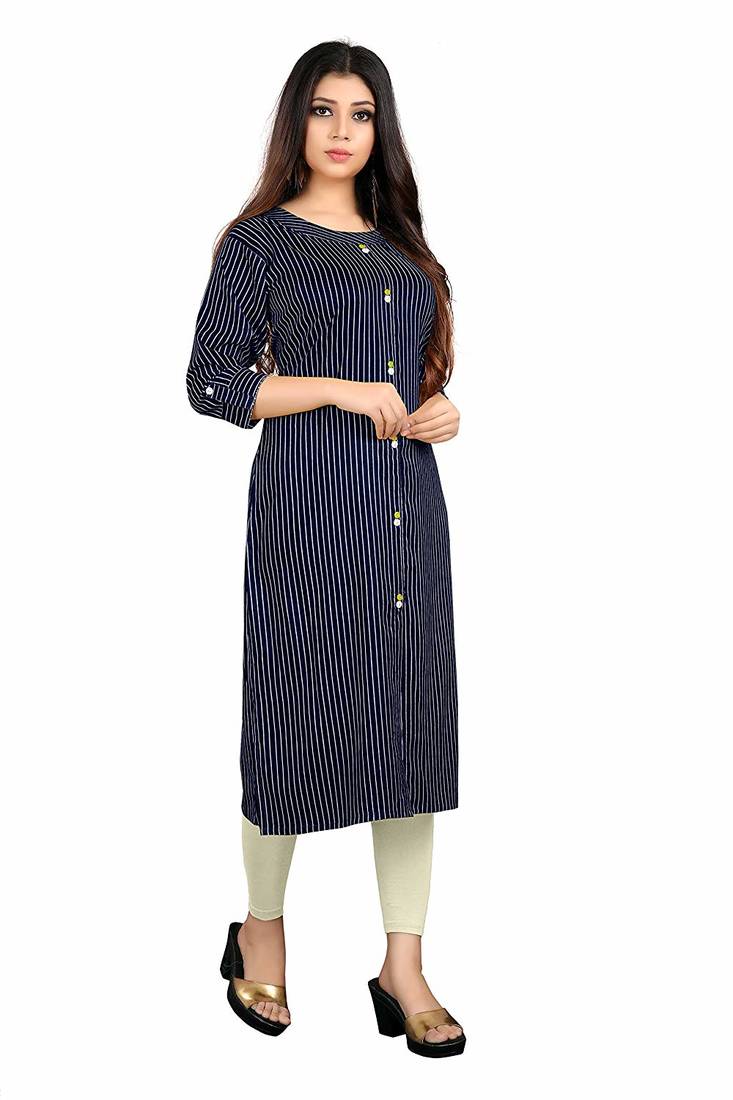 navy-blue rayon printed long-kurtis For Women