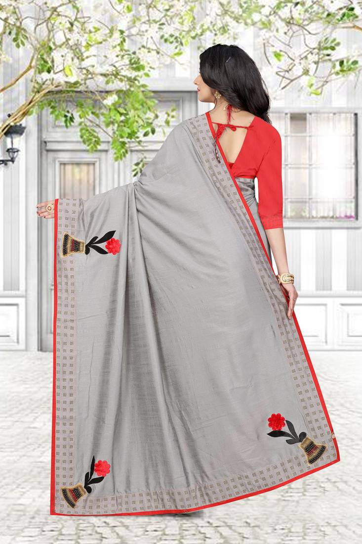 grey printed polyester saree with blouse