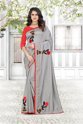 grey printed polyester saree with blouse 3