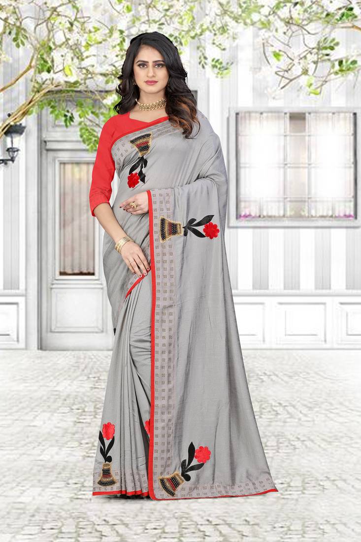 grey printed polyester saree with blouse