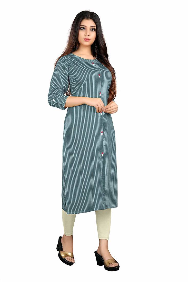 grey rayon printed long-kurtis For Women