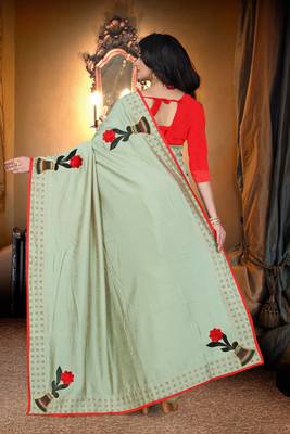 green embroidered polyester saree with blouse 2