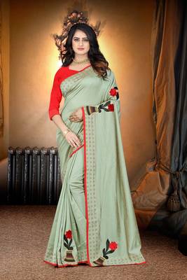 green embroidered polyester saree with blouse 1