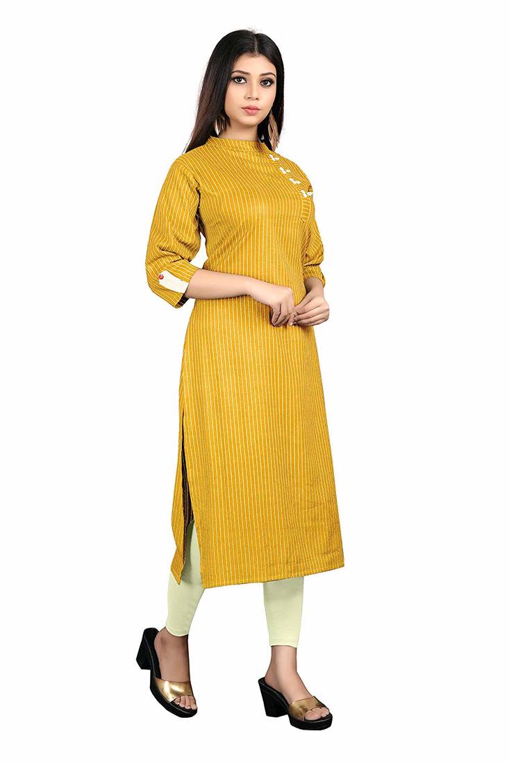 yellow rayon printed long-kurtis For Women
