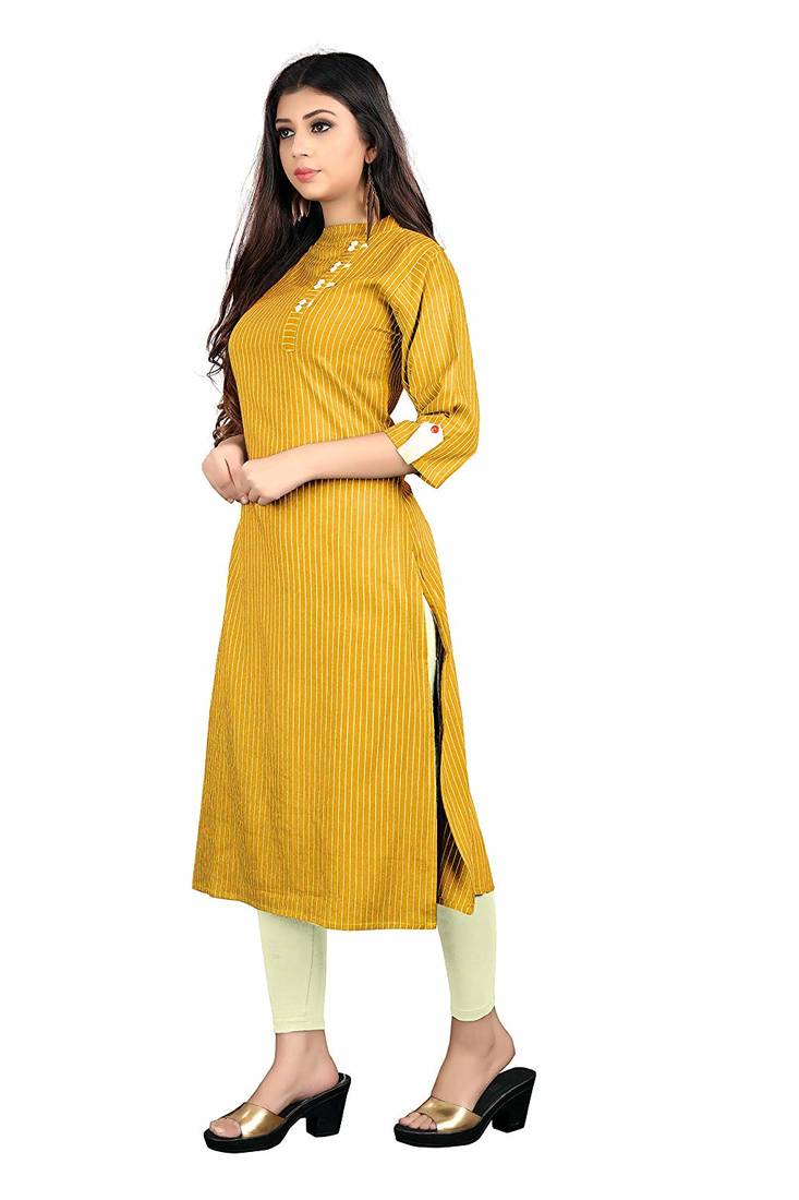 yellow rayon printed long-kurtis For Women
