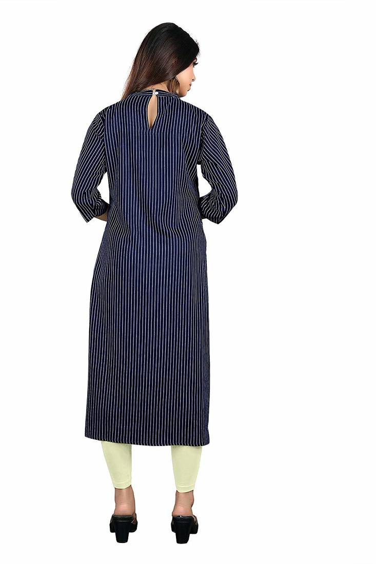navy-blue rayon printed long-kurtis For Women