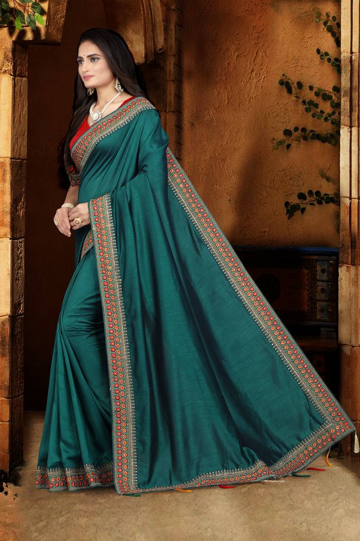 blue embroidered polyester saree with blouse
