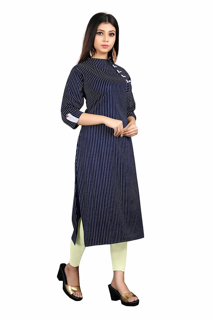 navy-blue rayon printed long-kurtis For Women