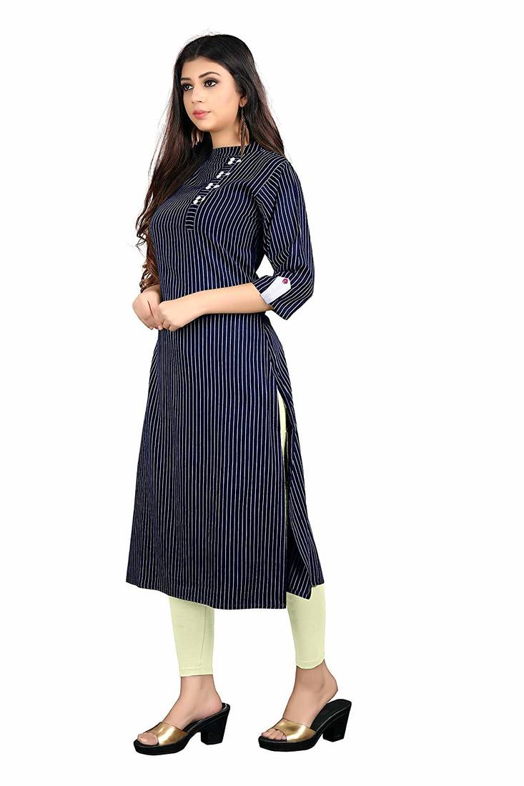 navy-blue rayon printed long-kurtis For Women