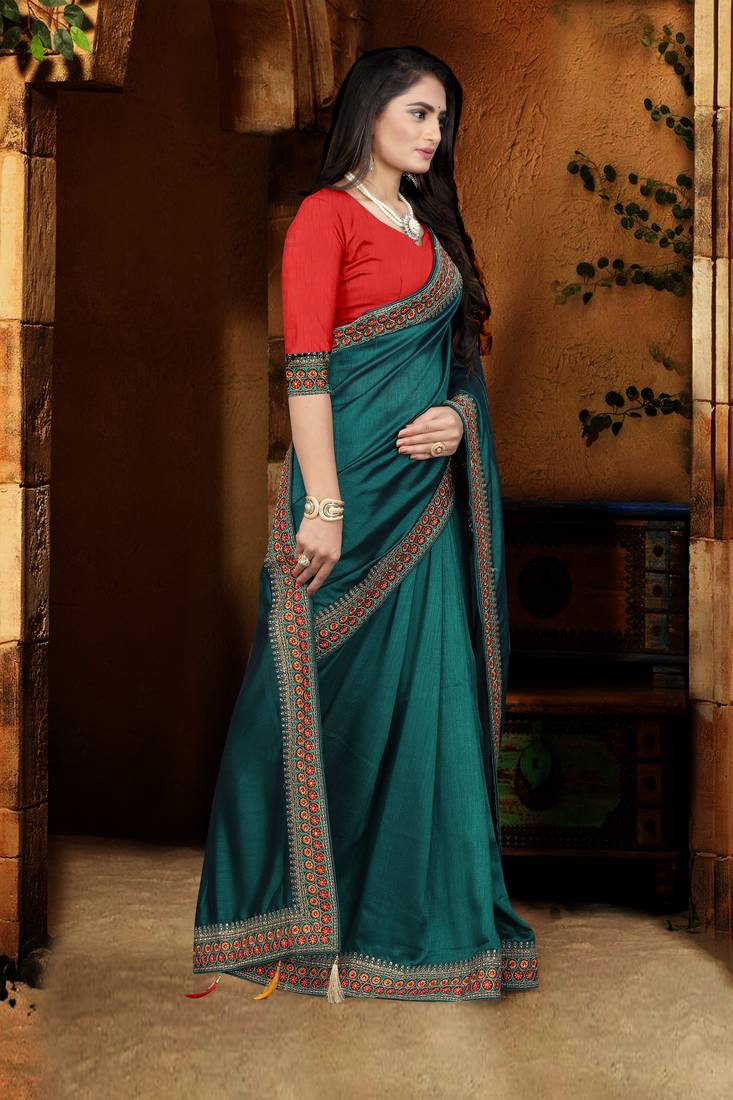 blue embroidered polyester saree with blouse