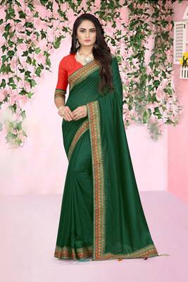 green embroidered polyester saree with blouse 1