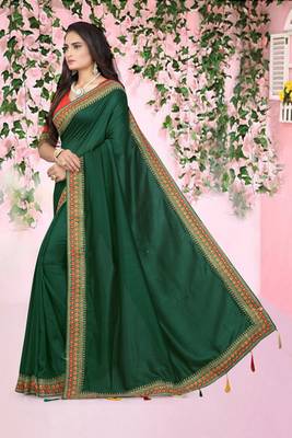green embroidered polyester saree with blouse 2