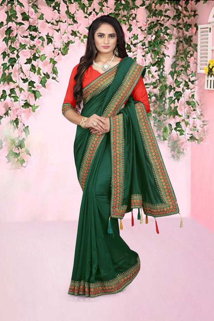 green embroidered polyester saree with blouse