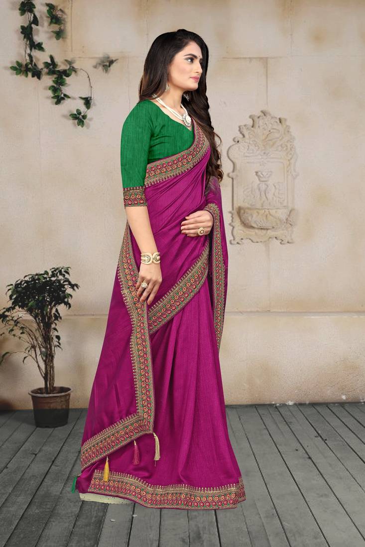 wine embroidered polyester saree with blouse