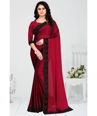maroon embroidered polyester saree with blouse 1