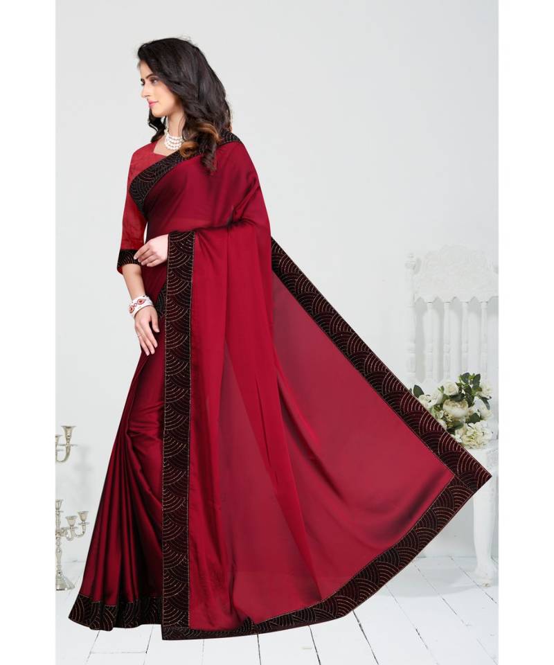 maroon embroidered polyester saree with blouse