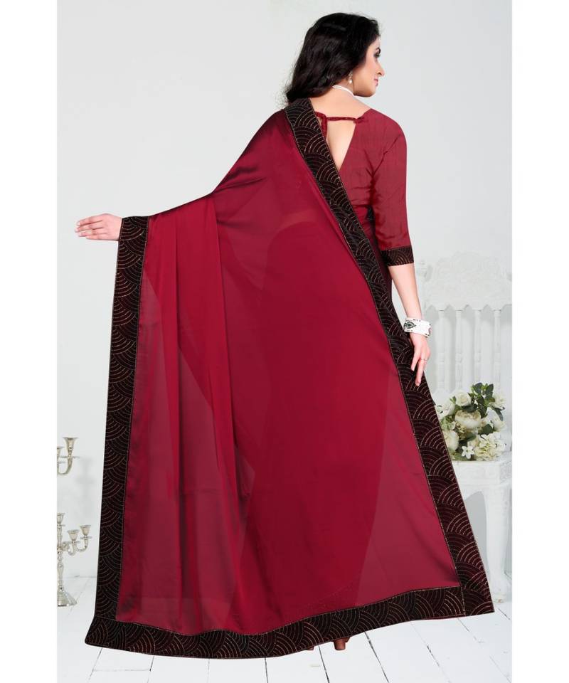 maroon embroidered polyester saree with blouse