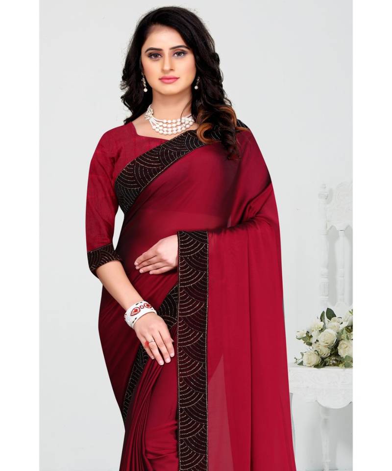 maroon embroidered polyester saree with blouse