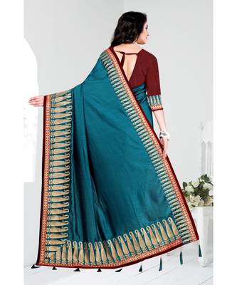 blue embroidered satin saree with blouse 2