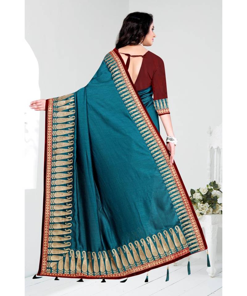 blue embroidered satin saree with blouse