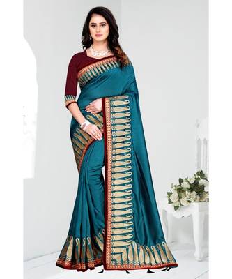 blue embroidered satin saree with blouse 1