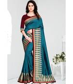 blue embroidered satin saree with blouse