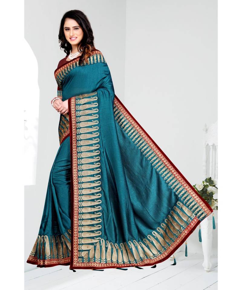 blue embroidered satin saree with blouse