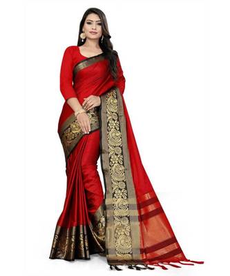 Red Woven Border Soft Cotton Silk Gold Peacock Design Saree With Blouse 1
