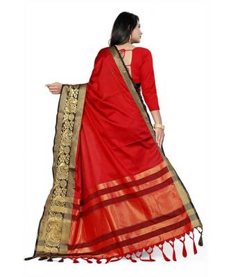 Red Woven Border Soft Cotton Silk Gold Peacock Design Saree With Blouse 2