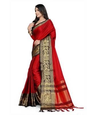Red Woven Border Soft Cotton Silk Gold Peacock Design Saree With Blouse 3