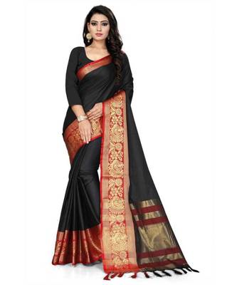 Black Woven Border Soft Cotton Silk Gold Peacock Design Saree With Blouse 1