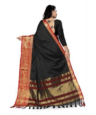 Black Woven Border Soft Cotton Silk Gold Peacock Design Saree With Blouse 2