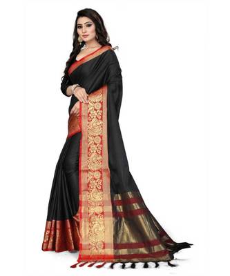 Black Woven Border Soft Cotton Silk Gold Peacock Design Saree With Blouse 3