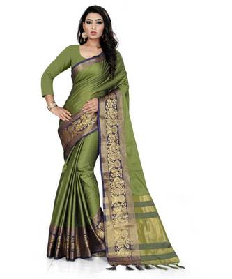 Mehndi Woven Border Soft Cotton Silk Gold Peacock Design Saree With Blouse 1