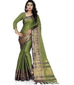Mehndi Woven Border Soft Cotton Silk Gold Peacock Design Saree With Blouse