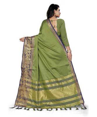 Mehndi Woven Border Soft Cotton Silk Gold Peacock Design Saree With Blouse 2