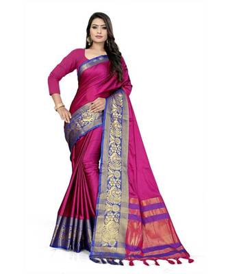 Pink Woven Border Soft Cotton Silk Gold Peacock Design Saree With Blouse 1