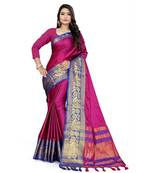 Pink Woven Border Soft Cotton Silk Gold Peacock Design Saree With Blouse