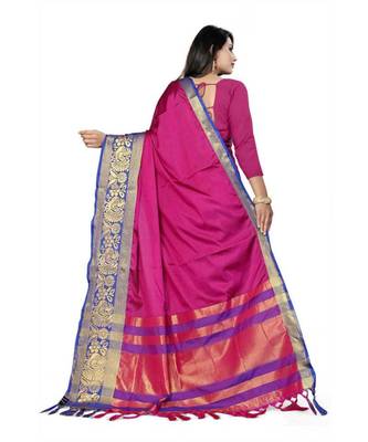 Pink Woven Border Soft Cotton Silk Gold Peacock Design Saree With Blouse 2