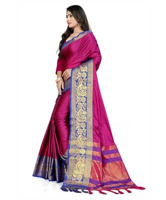 Pink Woven Border Soft Cotton Silk Gold Peacock Design Saree With Blouse 3