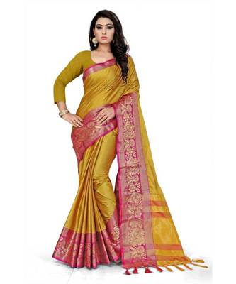 Mustard Woven Border Soft Cotton Silk Gold Peacock Design Saree With Blouse 1
