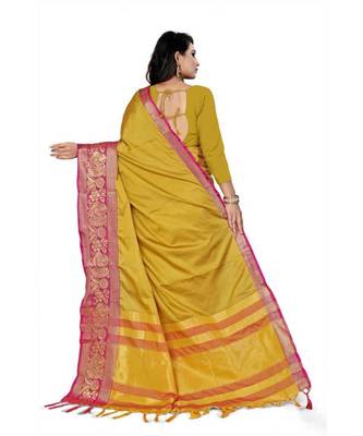 Mustard Woven Border Soft Cotton Silk Gold Peacock Design Saree With Blouse 2