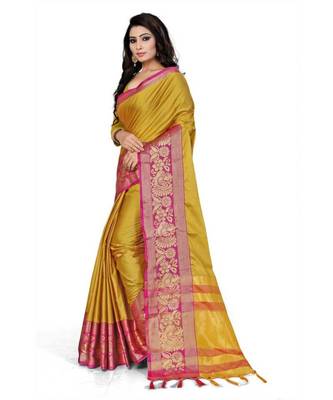 Mustard Woven Border Soft Cotton Silk Gold Peacock Design Saree With Blouse 3