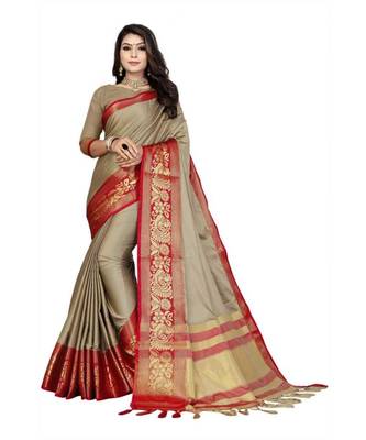 Chiku Woven Border Soft Cotton Silk Gold Peacock Design Saree With Blouse 1