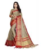 Chiku Woven Border Soft Cotton Silk Gold Peacock Design Saree With Blouse