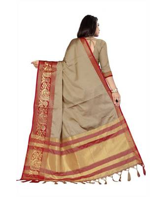 Chiku Woven Border Soft Cotton Silk Gold Peacock Design Saree With Blouse 2