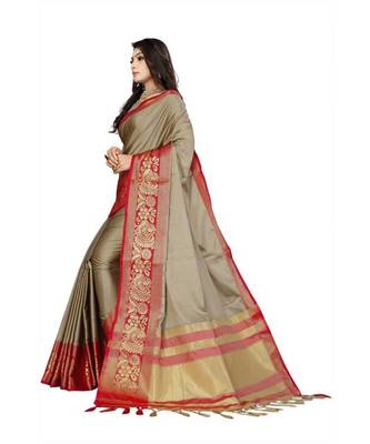 Chiku Woven Border Soft Cotton Silk Gold Peacock Design Saree With Blouse 3