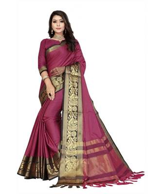 Rani Woven Border Soft Cotton Silk Gold Peacock Design Saree With Blouse 1