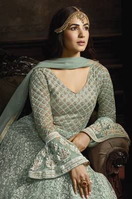 Light-teal embroidered net salwar 3