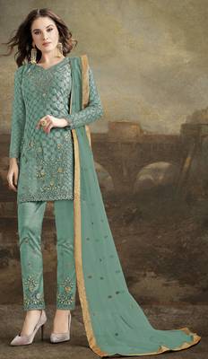 Sea-green embroidered net salwar 1